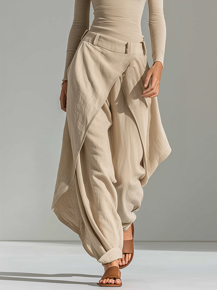 Giuliana | Completo beige con top con scollo a barca e pantaloni a gamba larga a strati