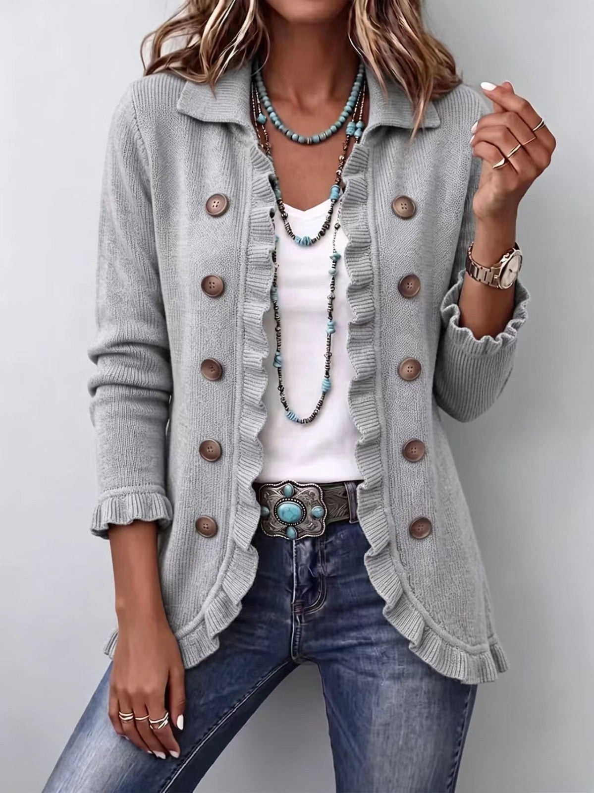 Obdulia | Giacca in Maglia Grigio Mélange con Volant