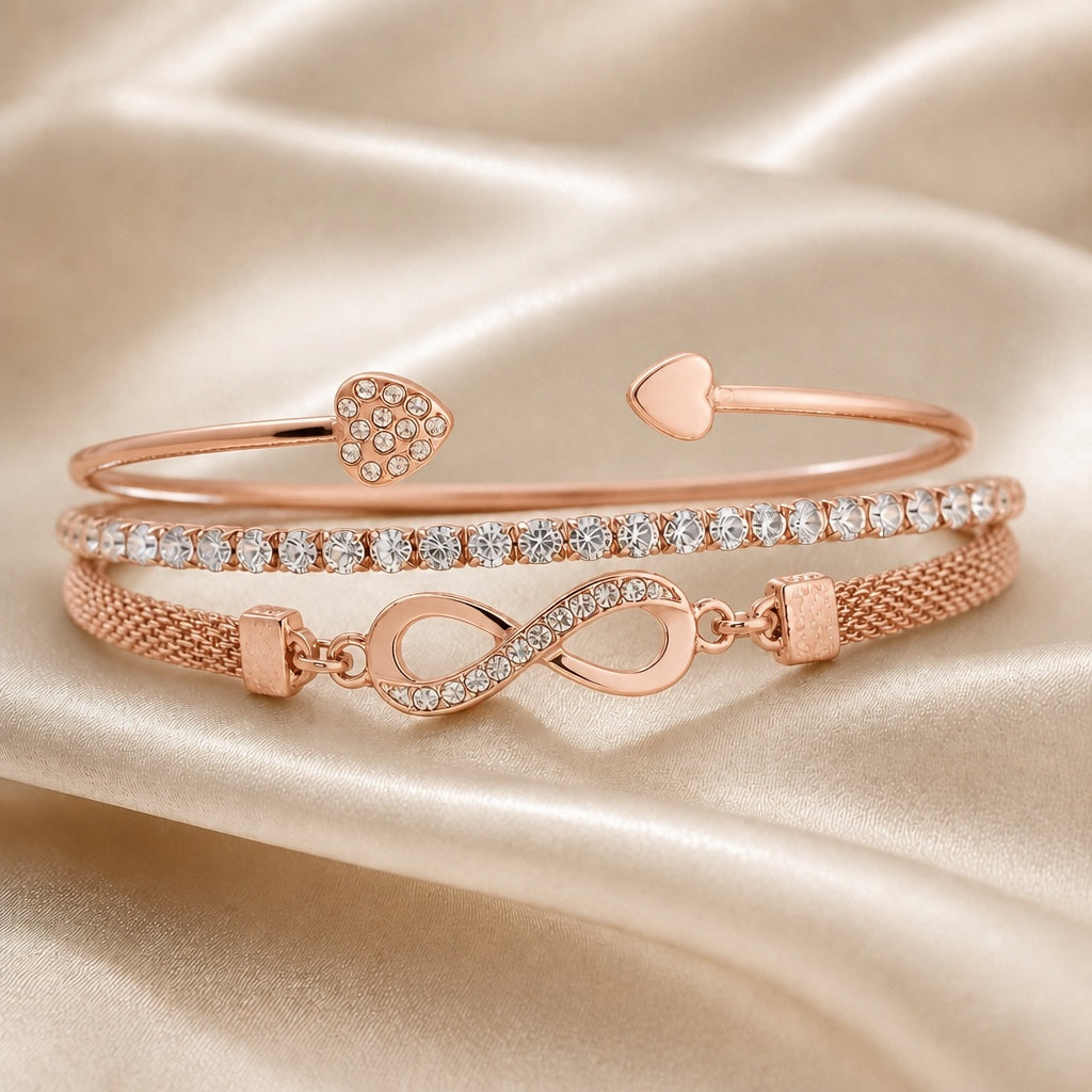 Collezione di bracciali con strass in oro bianco e motivo infinito