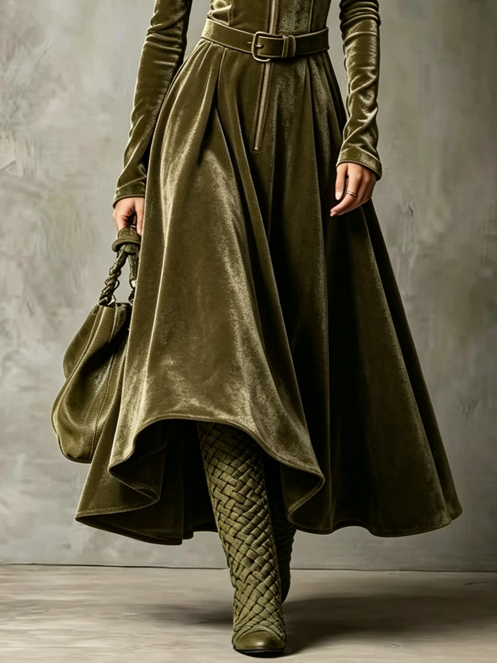 Vega | Abito lungo in velluto verde oliva con zip frontale stile vintage (cintura inclusa)