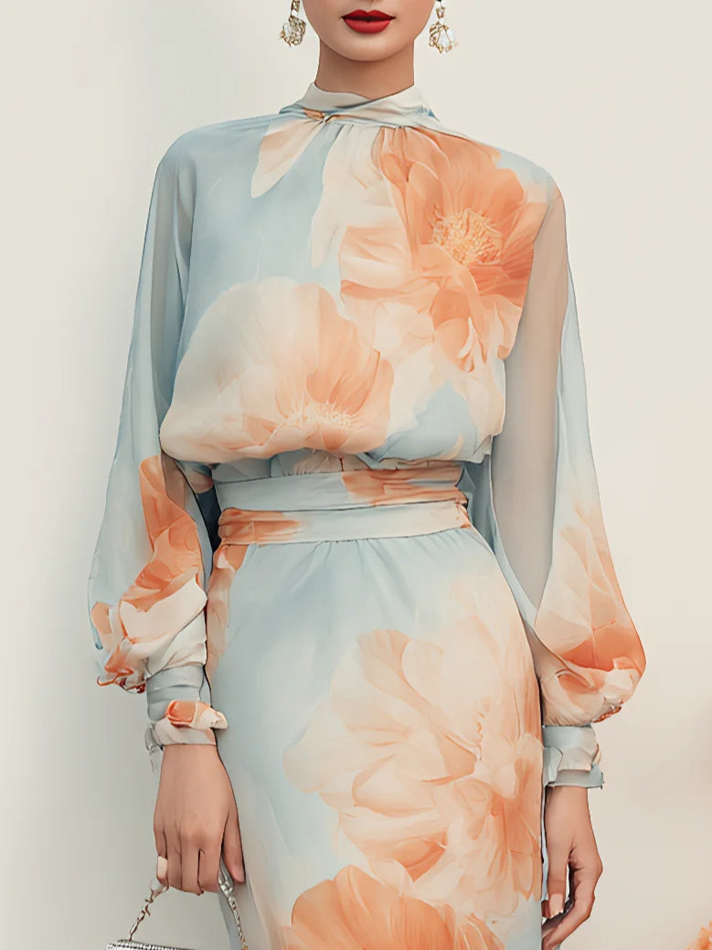 Emilia | Completo due pezzi: top a collo alto e maniche lunghe con gonna floreale romantica