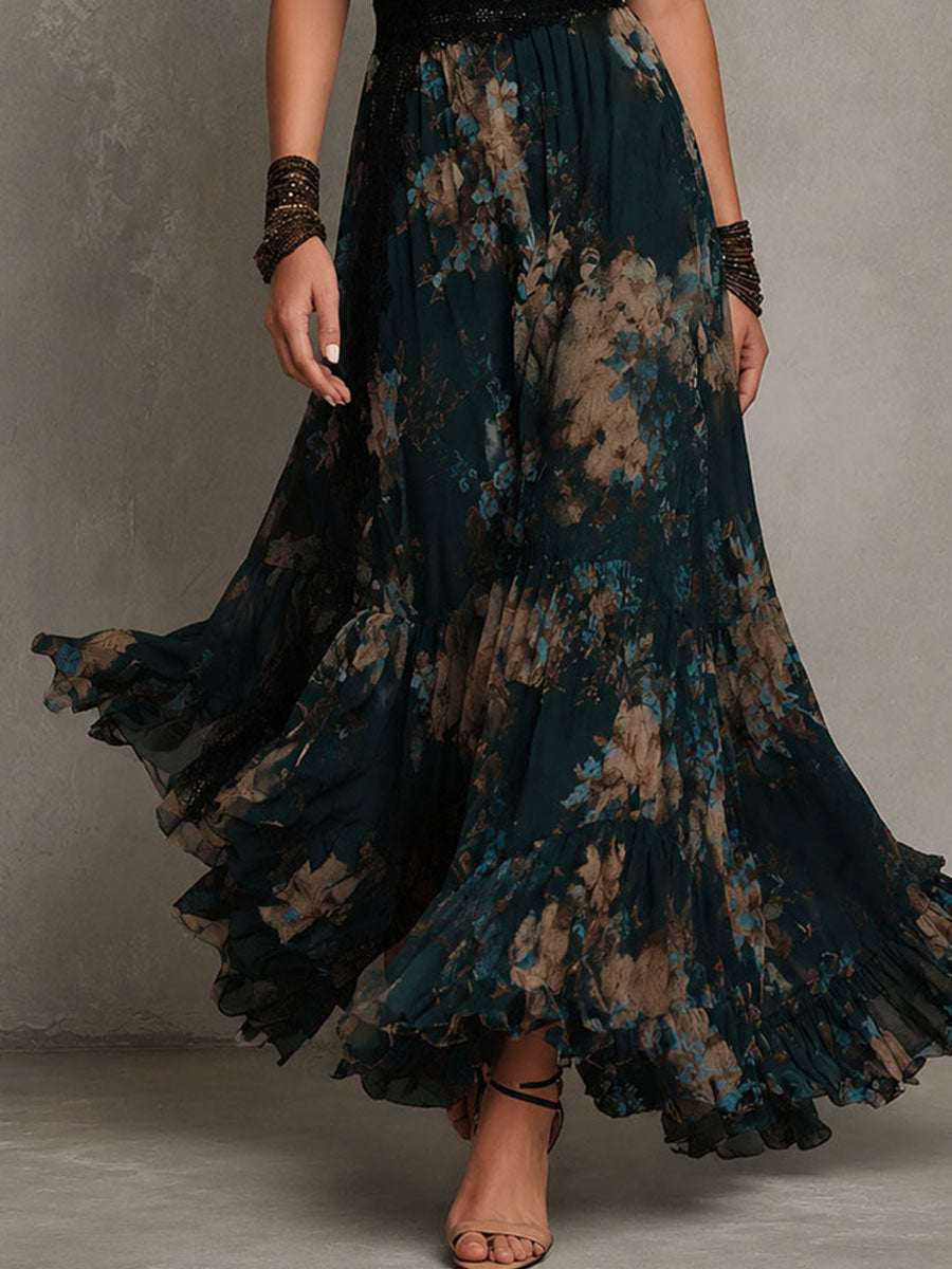 Luz | Abito lungo vintage in chiffon verde scuro con pizzo floreale