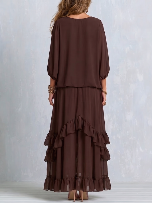 Manuela | Top in chiffon marrone con frange e scollo a V abbinato a gonna a balze a strati