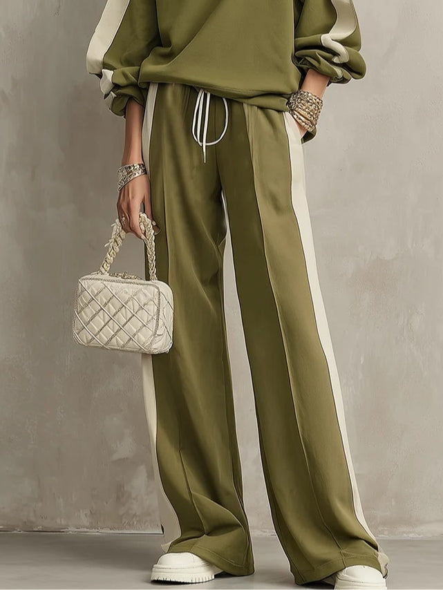 Sonia | Completo casual verde oliva con felpa girocollo e pantaloni larghi con coulisse