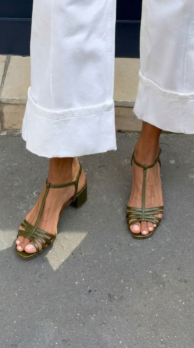 Sandali metallizzati con fibbia, cinturino a T e tacco a blocco.