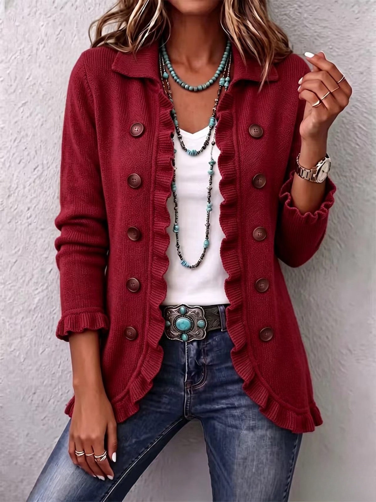 Dolores | Giacca in Maglia Rosso Rubino con Volant