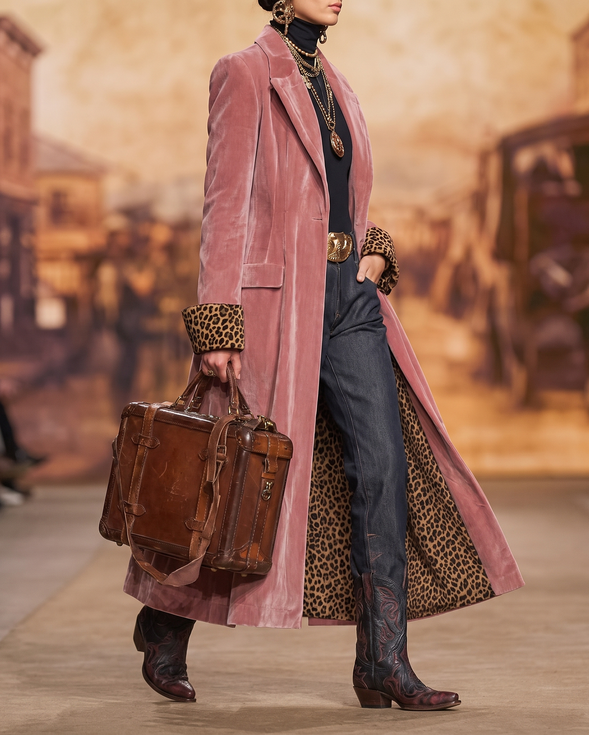 Alejandra | Cappotto Lungo in Velluto con Fodera Leopardata