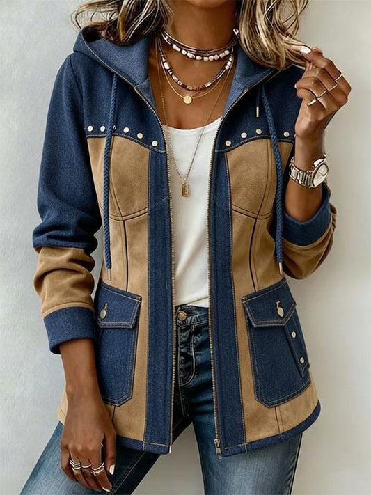 Adriana | Giacca con cappuccio in blu navy e cammello