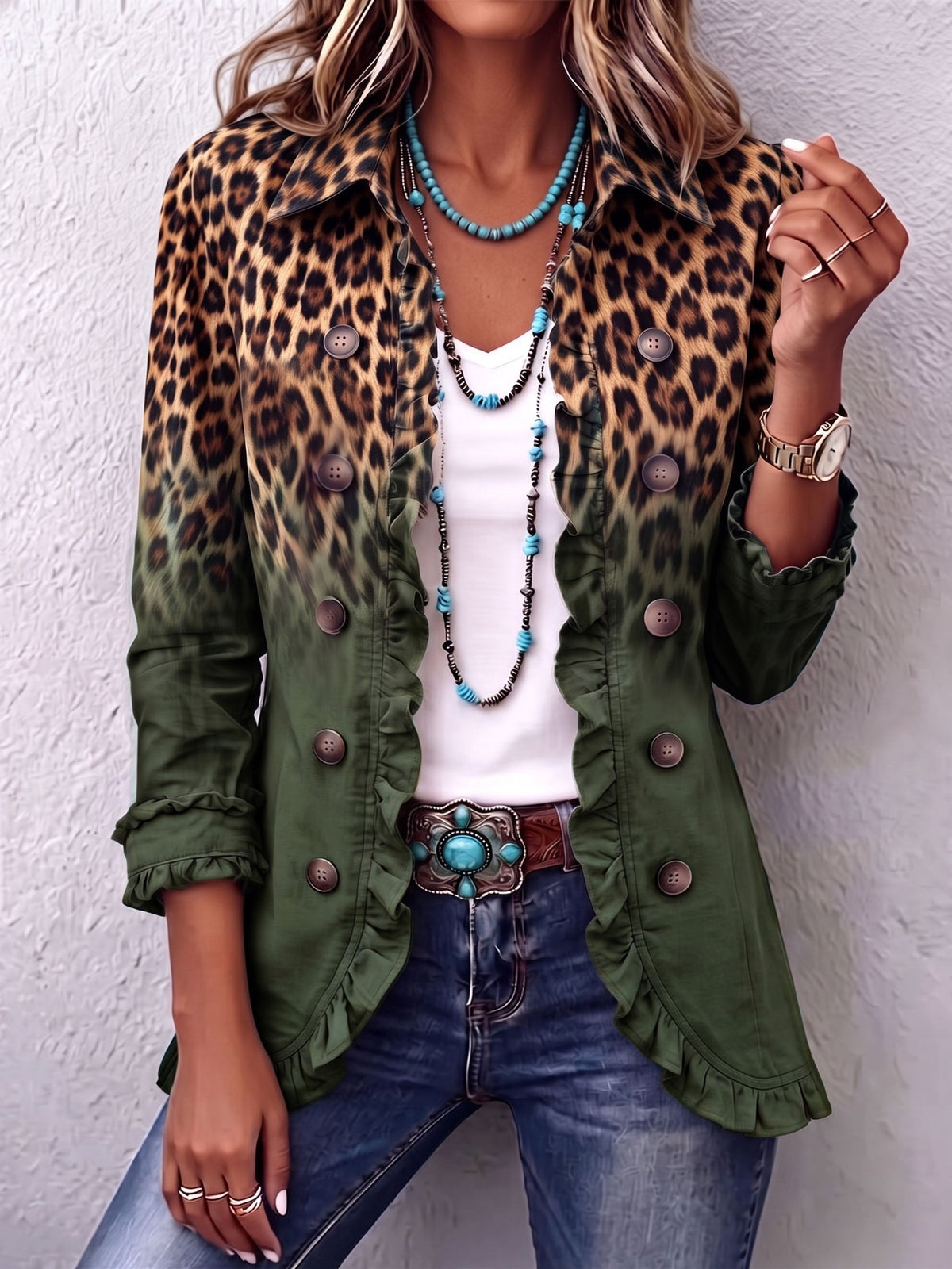 Ernestina | Giacca Blazer Leopardata Verde con Volant