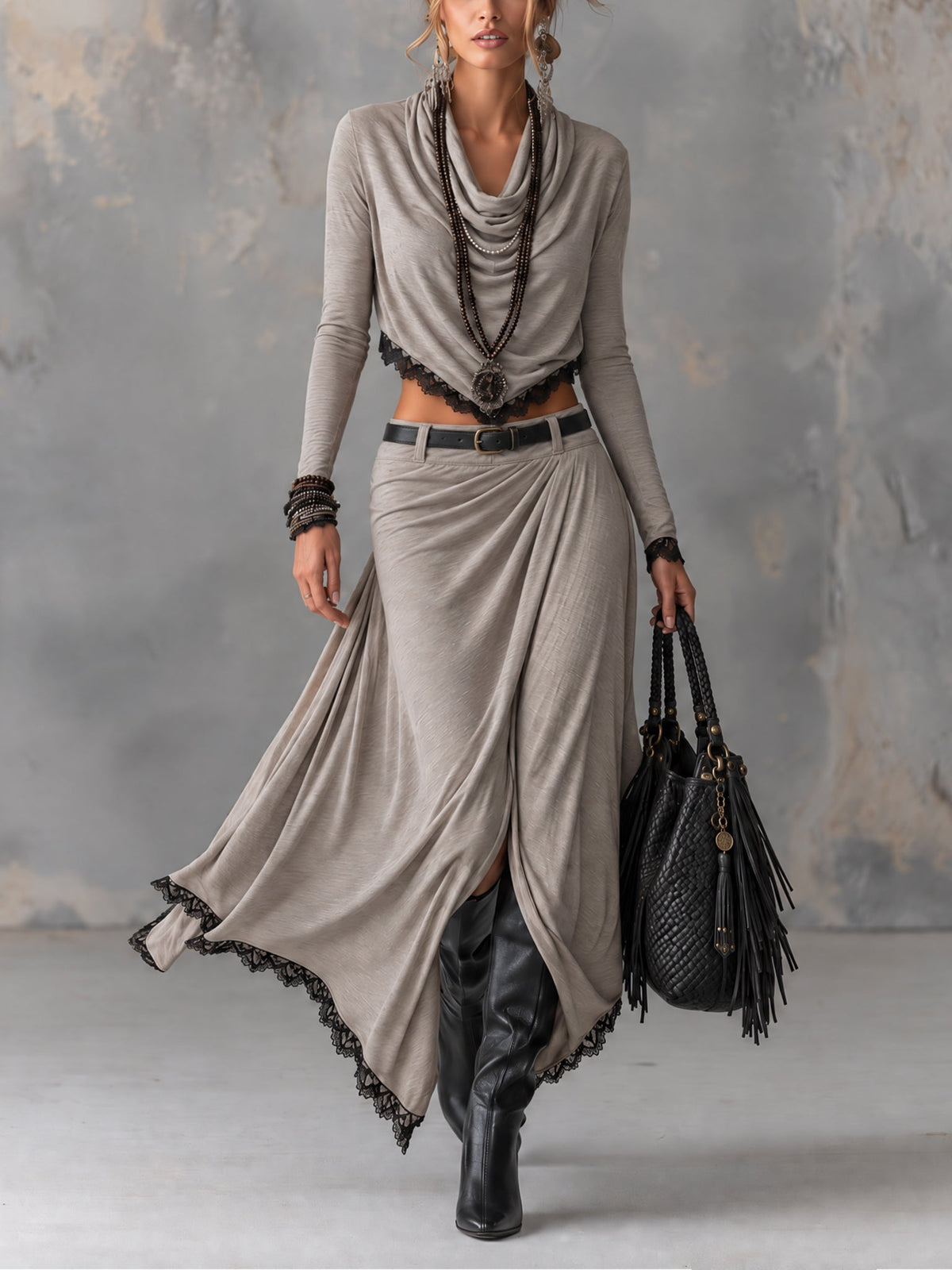 Noa | Completo con top corto elasticizzato a collo drappeggiato grigio e gonna lunga con spacco (cintura inclusa)