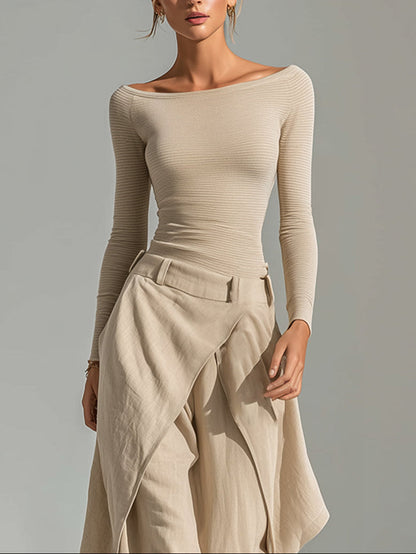 Giuliana | Completo beige con top con scollo a barca e pantaloni a gamba larga a strati