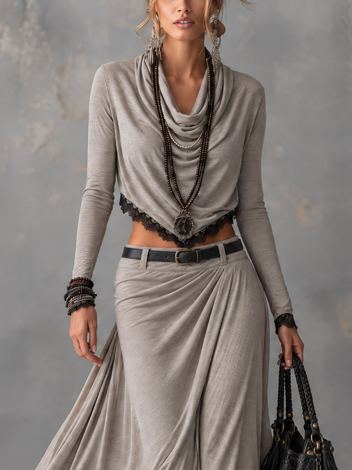 Noa | Completo con top corto elasticizzato a collo drappeggiato grigio e gonna lunga con spacco (cintura inclusa)