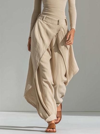 Giuliana | Completo beige con top con scollo a barca e pantaloni a gamba larga a strati