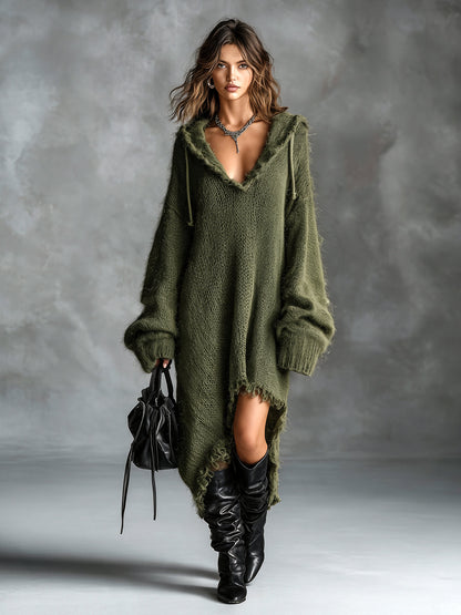 Vestito midi in maglia felpata con cappuccio