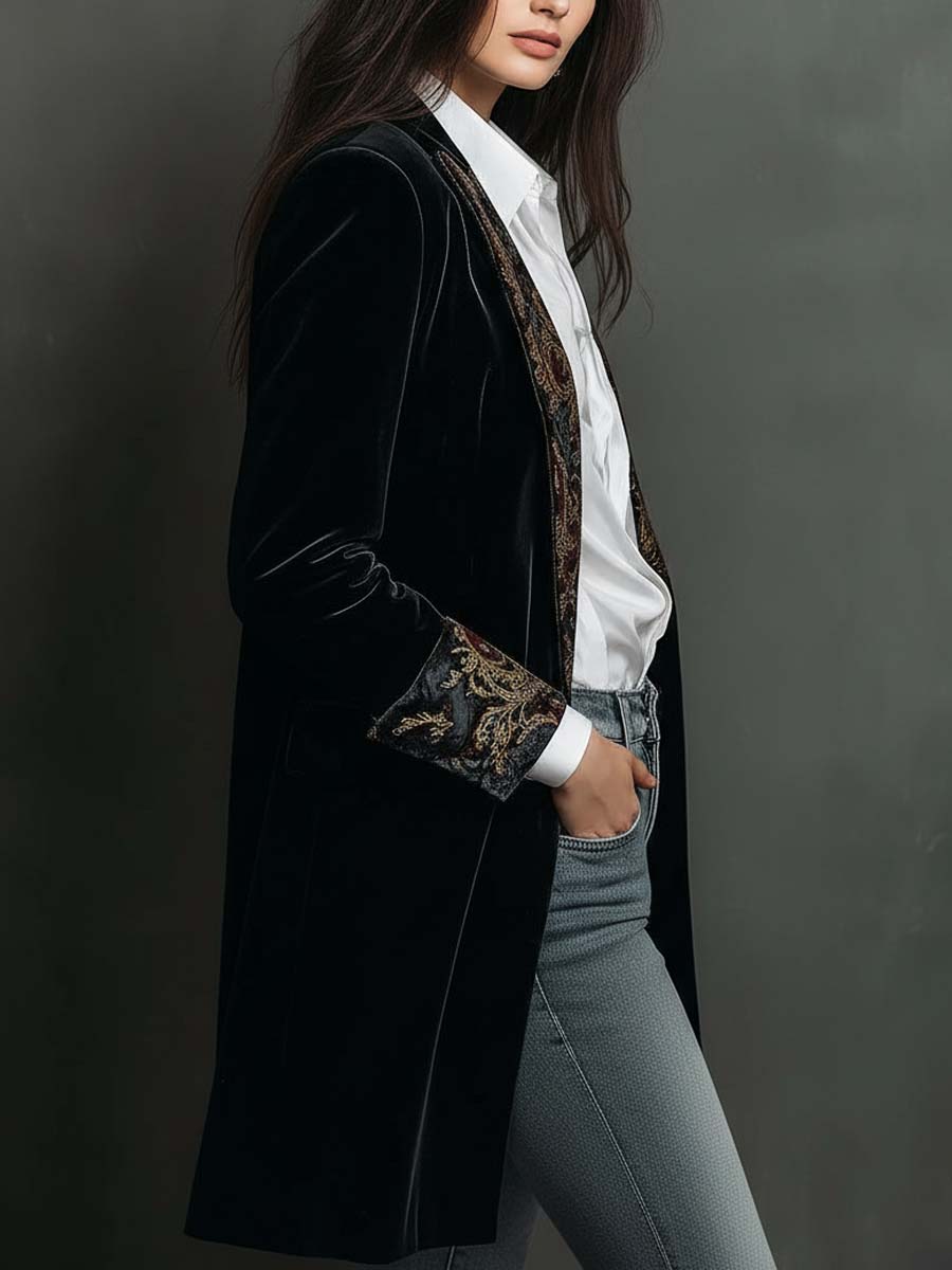 Leonor | Blazer Sciancrato con Stampa Barocca Nero