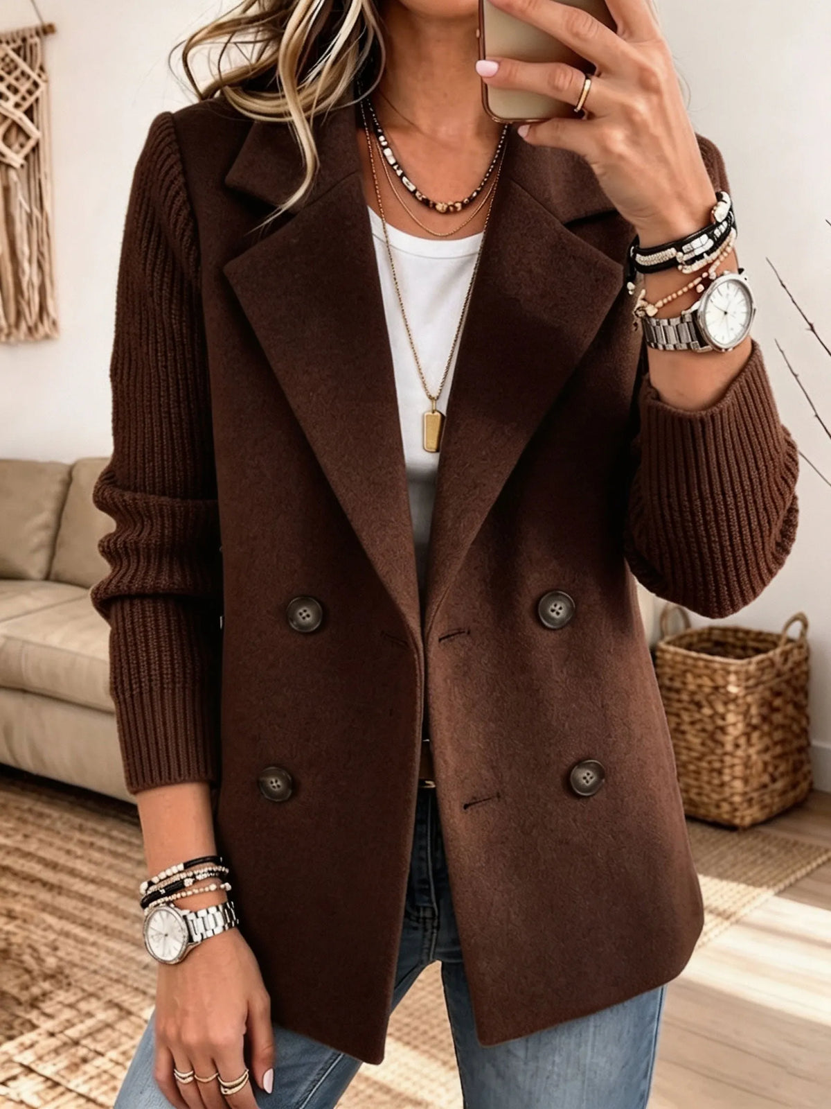 Carmela | Blazer Doppiopetto con Maniche in Maglia a Coste