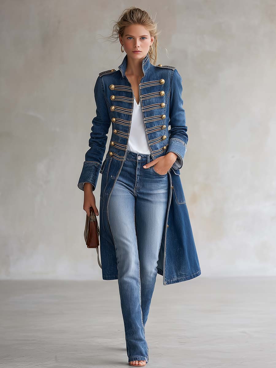 Cappotto lungo in denim sciancrato stile militare con bottoni dorati da donna