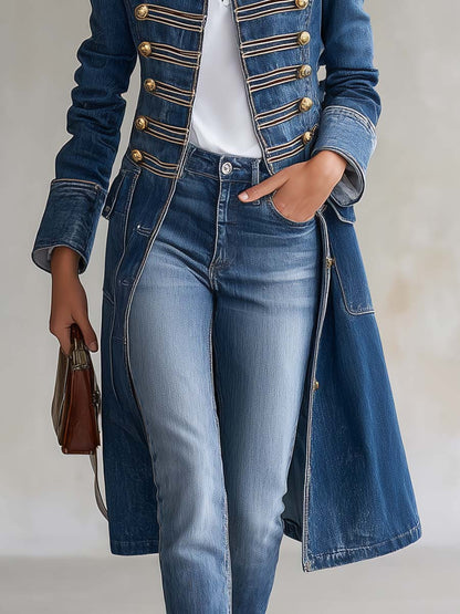 Cappotto lungo in denim sciancrato stile militare con bottoni dorati da donna
