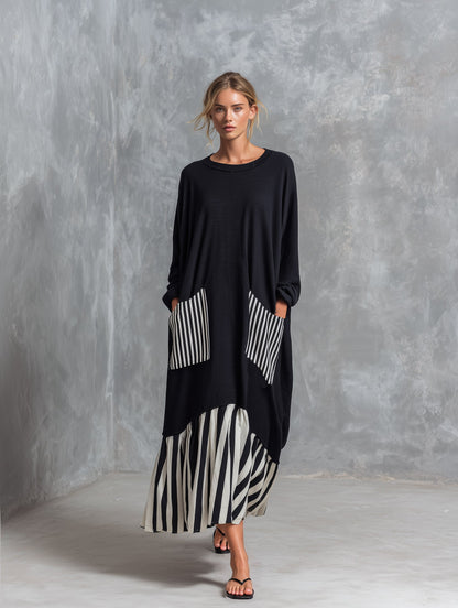 Alba | Abito lungo oversize in cotone nero con righe effetto patchwork