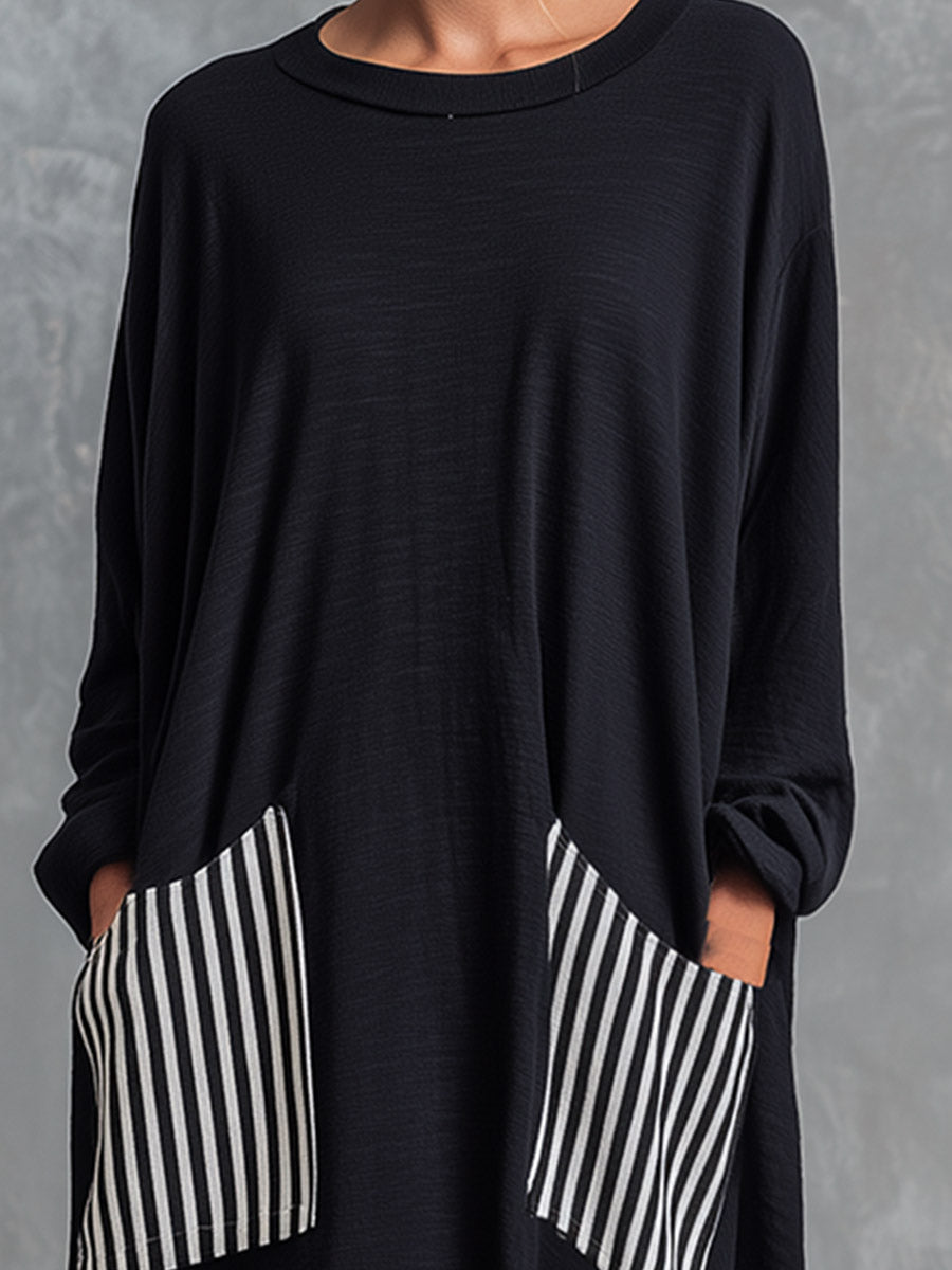 Alba | Abito lungo oversize in cotone nero con righe effetto patchwork