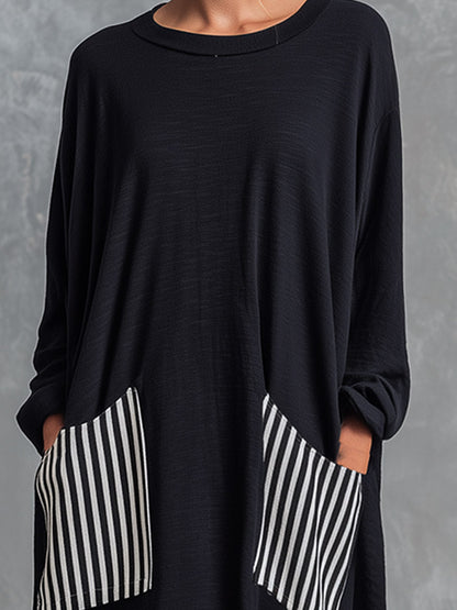 Alba | Abito lungo oversize in cotone nero con righe effetto patchwork
