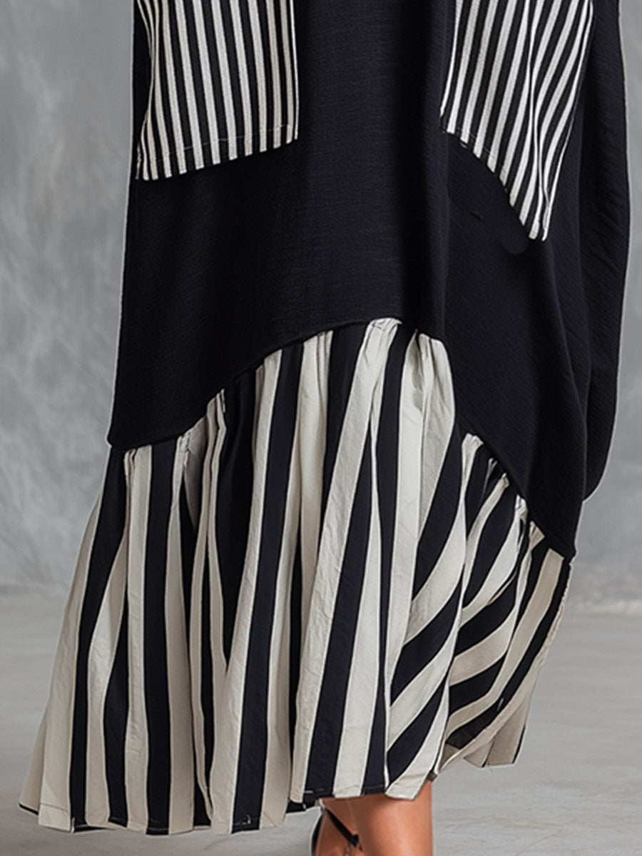 Alba | Abito lungo oversize in cotone nero con righe effetto patchwork