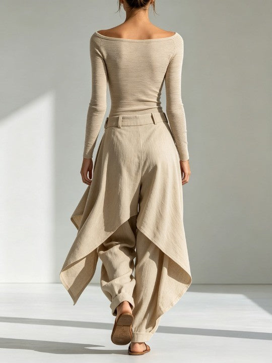 Giuliana | Completo beige con top con scollo a barca e pantaloni a gamba larga a strati