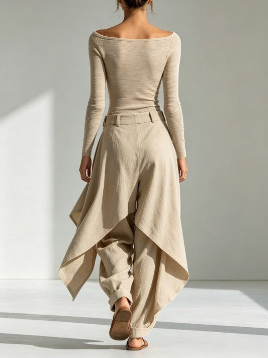 Giuliana | Completo beige con top con scollo a barca e pantaloni a gamba larga a strati
