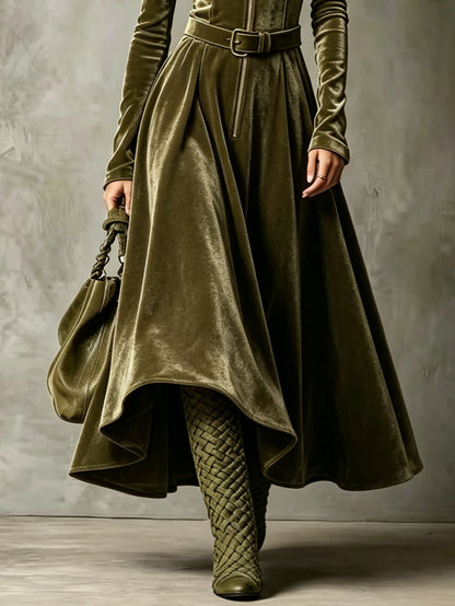 Vega | Abito lungo in velluto verde oliva con zip frontale stile vintage (cintura inclusa)