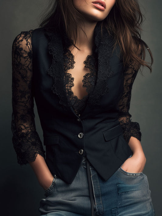 Noémie | Blazer nero con maniche semitrasparenti