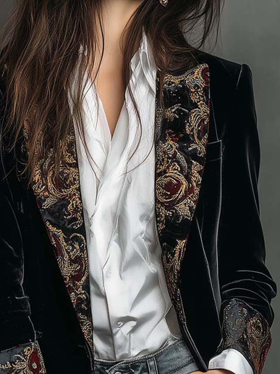 Leonor | Blazer Sciancrato con Stampa Barocca Nero