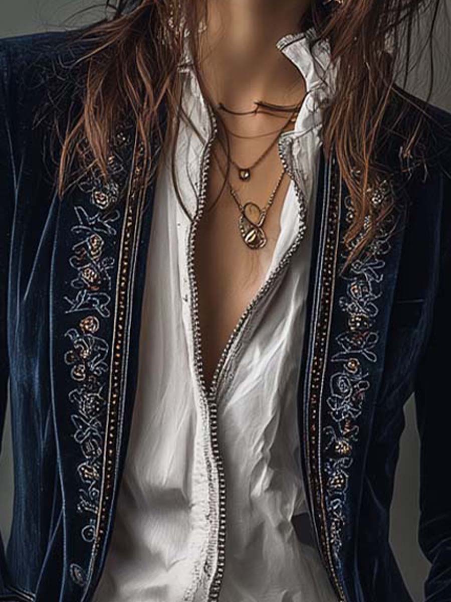 Adriana | Giacca Lunga Ricamata Vintage Blu Navy