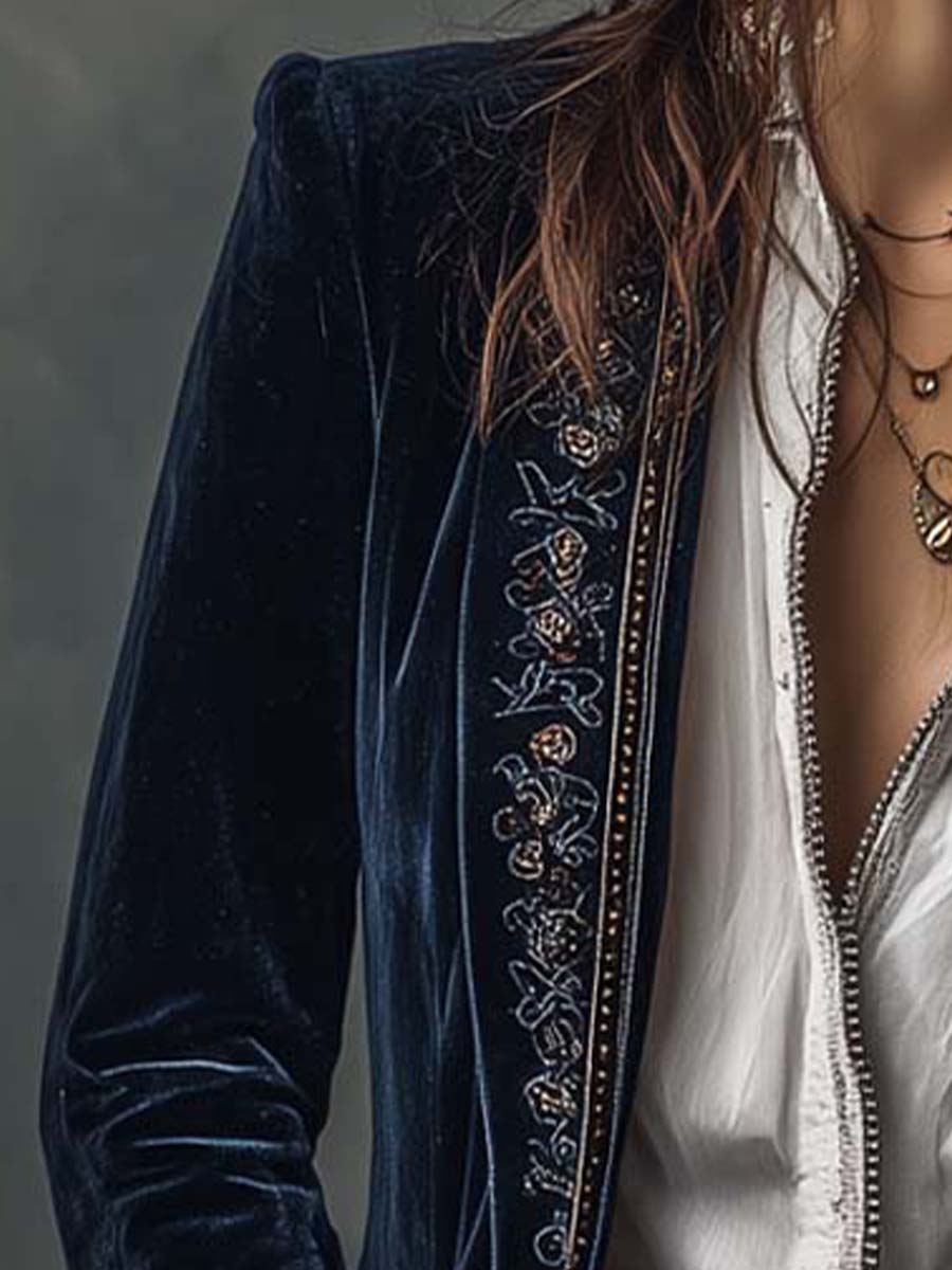 Adriana | Giacca Lunga Ricamata Vintage Blu Navy