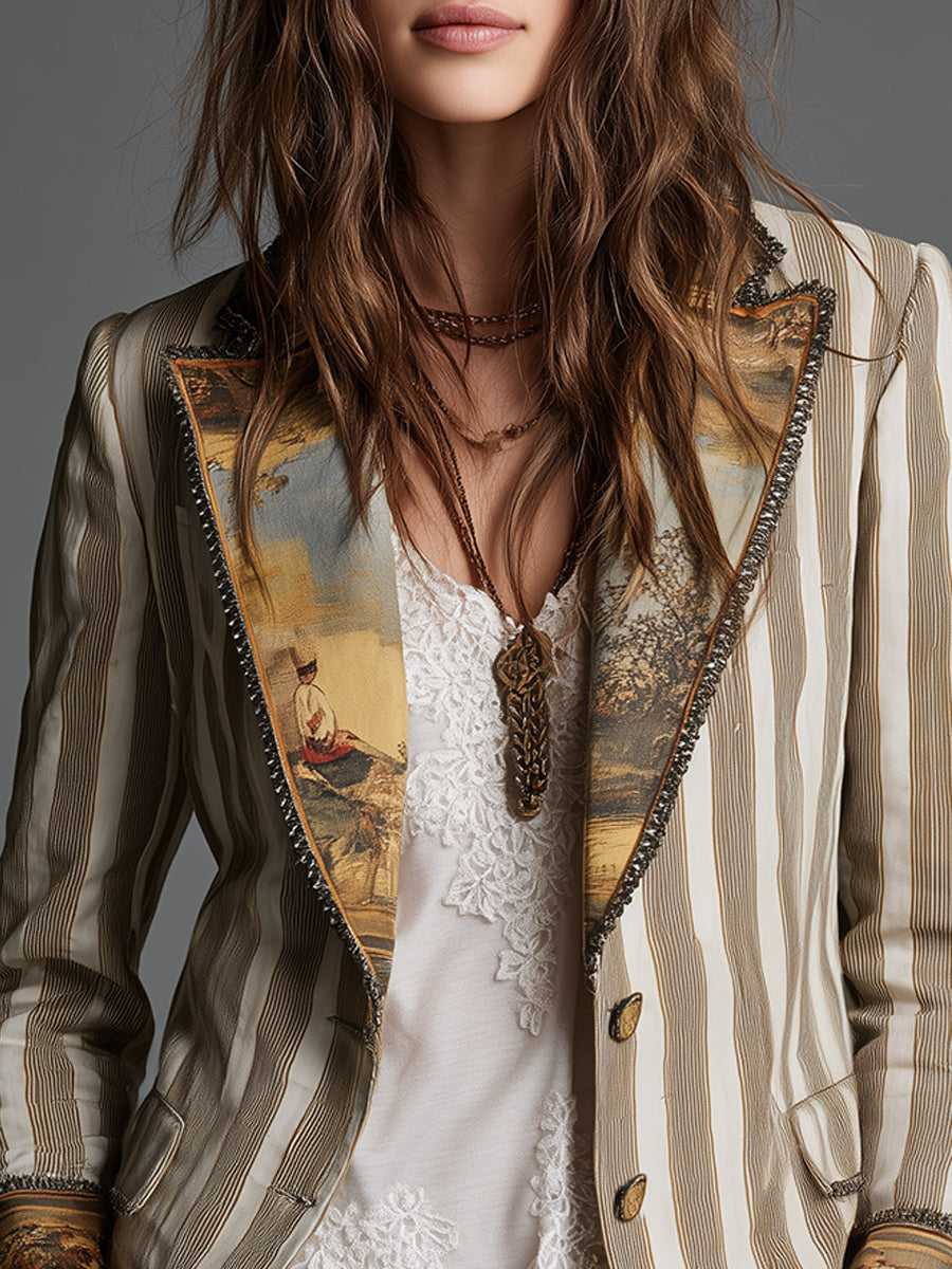 Susana | Blazer Boho a Righe con Collo Stampato