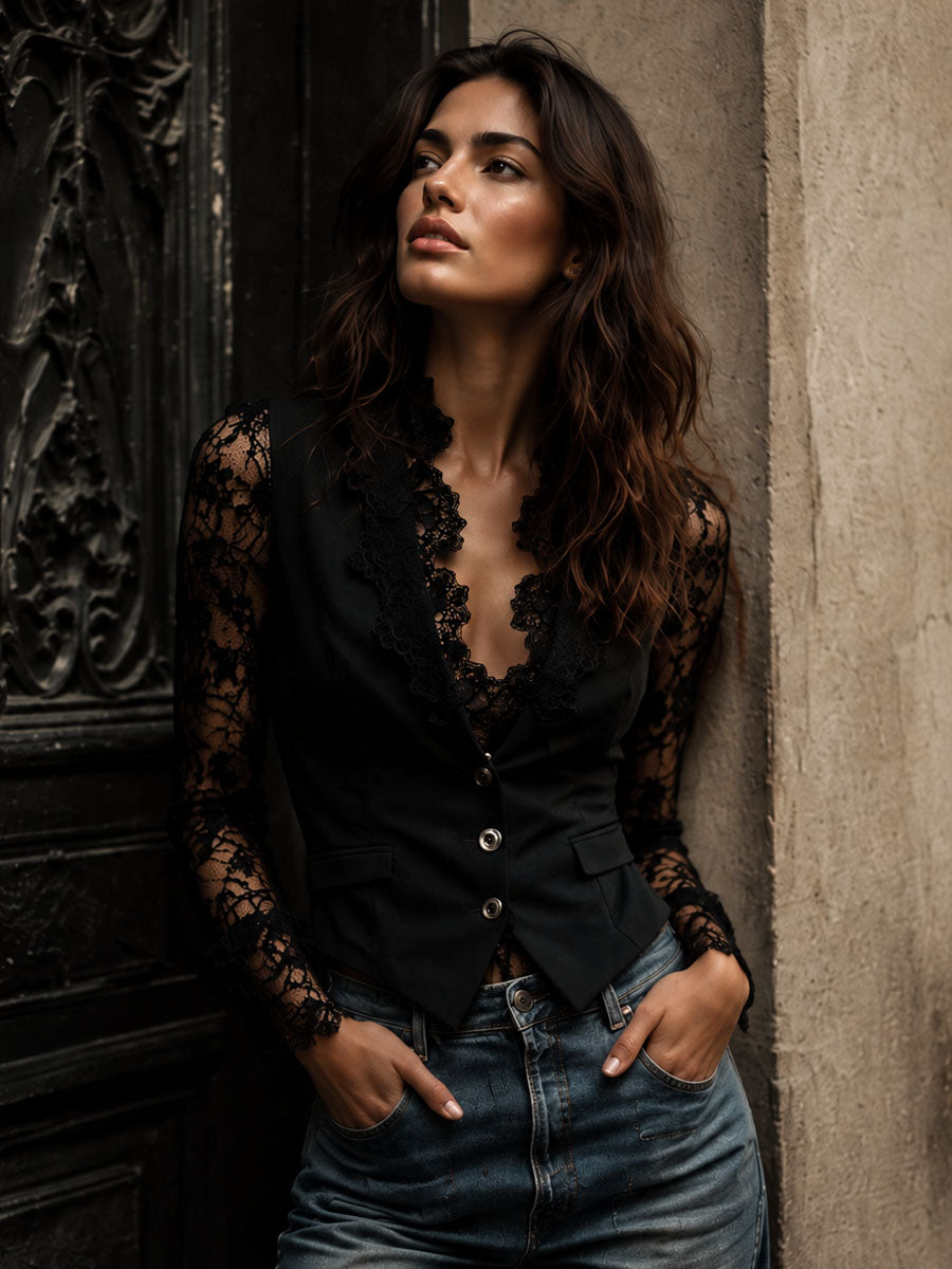 Noémie | Blazer nero con maniche semitrasparenti