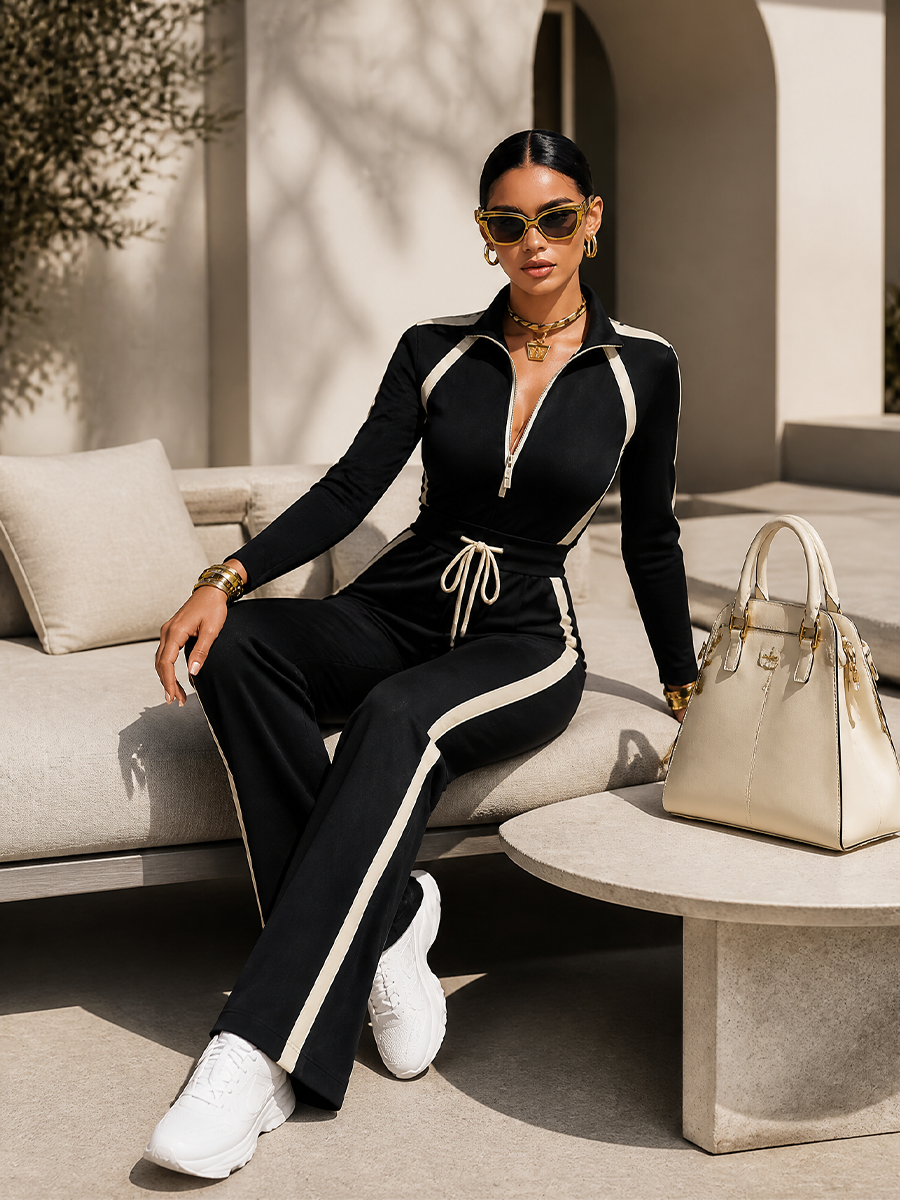 Monica | Completo tuta con righe nere a contrasto, top con zip e pantaloni a gamba larga con coulisse