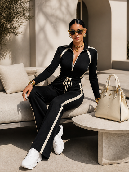 Monica | Completo tuta con righe nere a contrasto, top con zip e pantaloni a gamba larga con coulisse