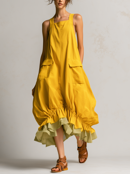 Daniela | Vestito midi a palloncino senza maniche con ampie tasche, strati e orlo con volant