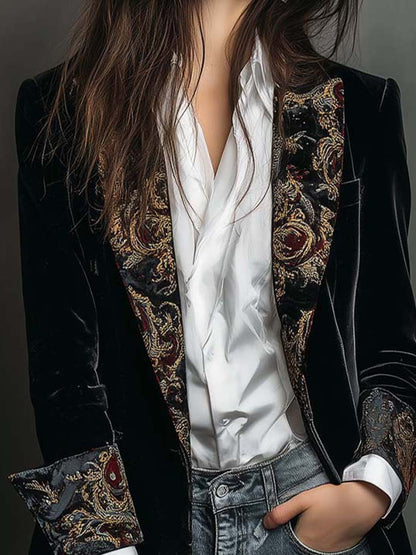 Leonor | Blazer Sciancrato con Stampa Barocca Nero