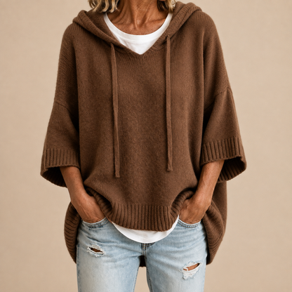 Poncho in maglia con cappuccio marrone