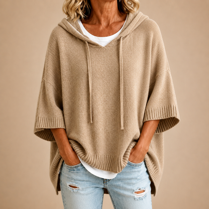 Poncho in maglia con cappuccio color kaki