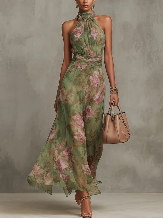 Lidia | Elegante abito maxi floreale con collo all’americana