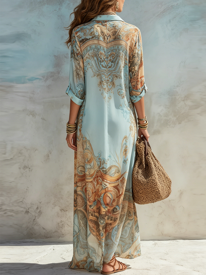 Valeria | Abito maxi blu con stampa floreale per le vacanze