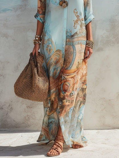 Valeria | Abito maxi blu con stampa floreale per le vacanze