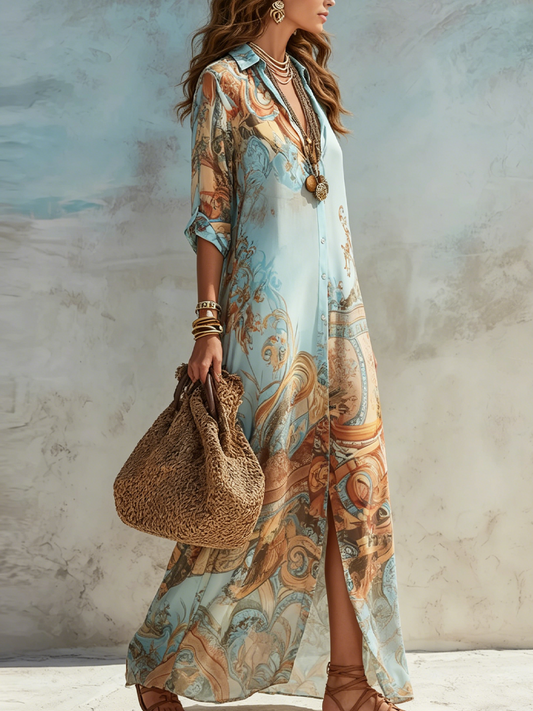 Valeria | Abito maxi blu con stampa floreale per le vacanze