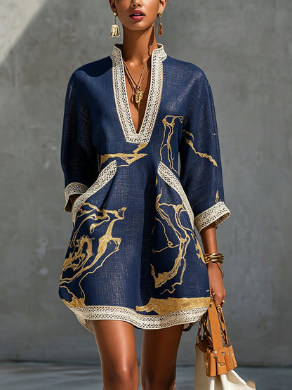 Donatella | Minivestito nero con stampa marmo dorato e pizzo crochet