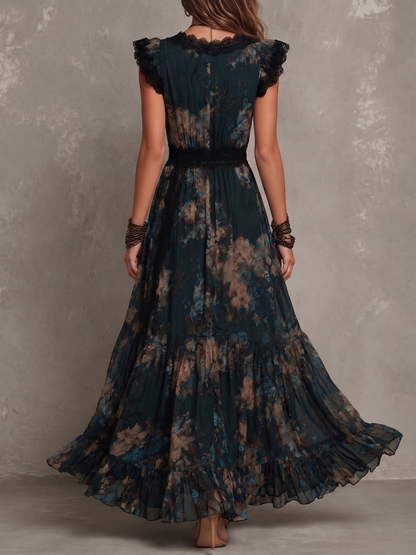 Luz | Abito lungo vintage in chiffon verde scuro con pizzo floreale
