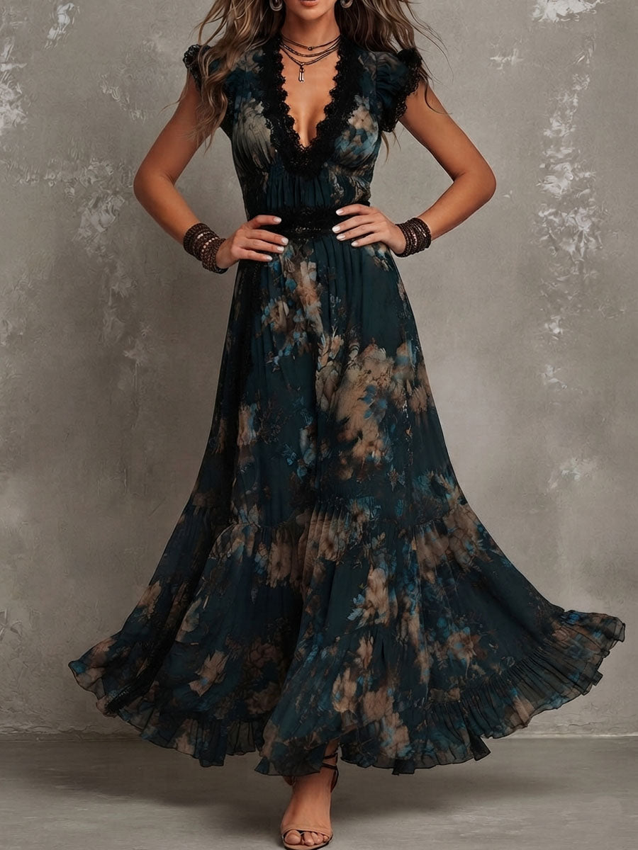 Luz | Abito lungo vintage in chiffon verde scuro con pizzo floreale