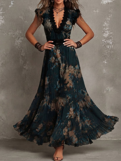 Luz | Abito lungo vintage in chiffon verde scuro con pizzo floreale