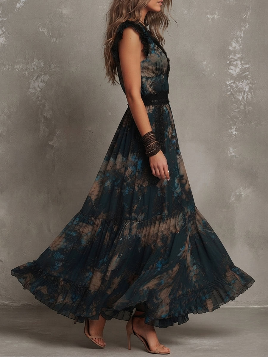 Luz | Abito lungo vintage in chiffon verde scuro con pizzo floreale